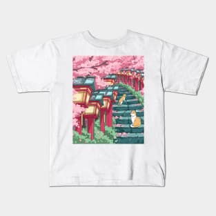 The Japanese shrine, cats, and pink sakura blossom Kids T-Shirt